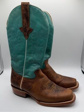 J.B. Dillon Western Cowboy Boots Brown Leather Turquoise Shaft 7.5